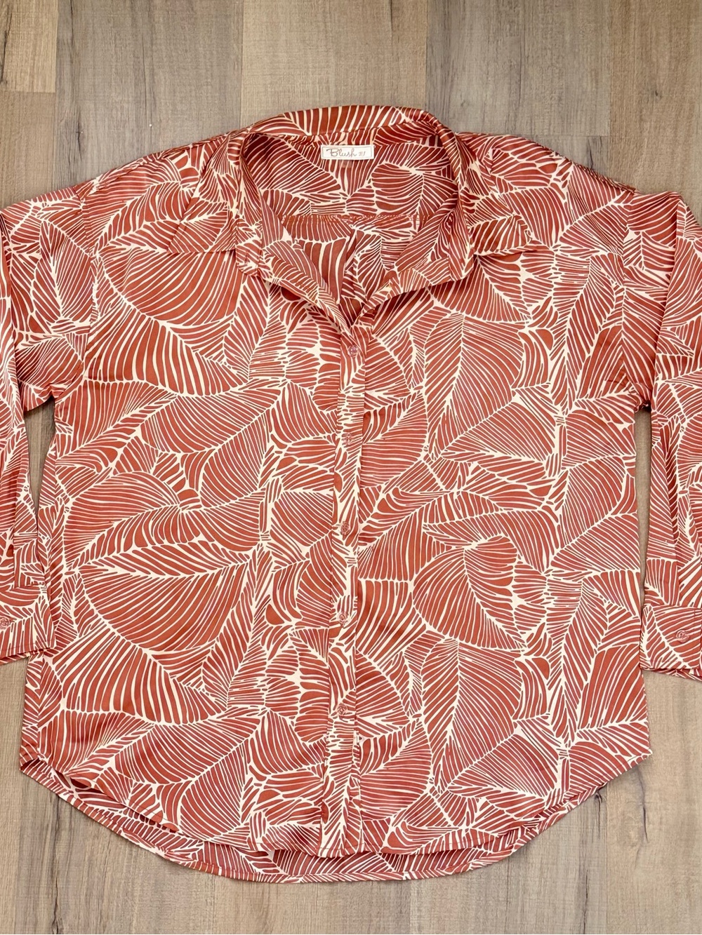 Blush Rust & Cream Loose Fit Button-Down Long Sleeve Casual Satiny Shirt